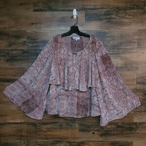 Jennifer Lopez Chiffon Ruffle Flare Sleeve Top L Watercolor Keyhole Neck Boho